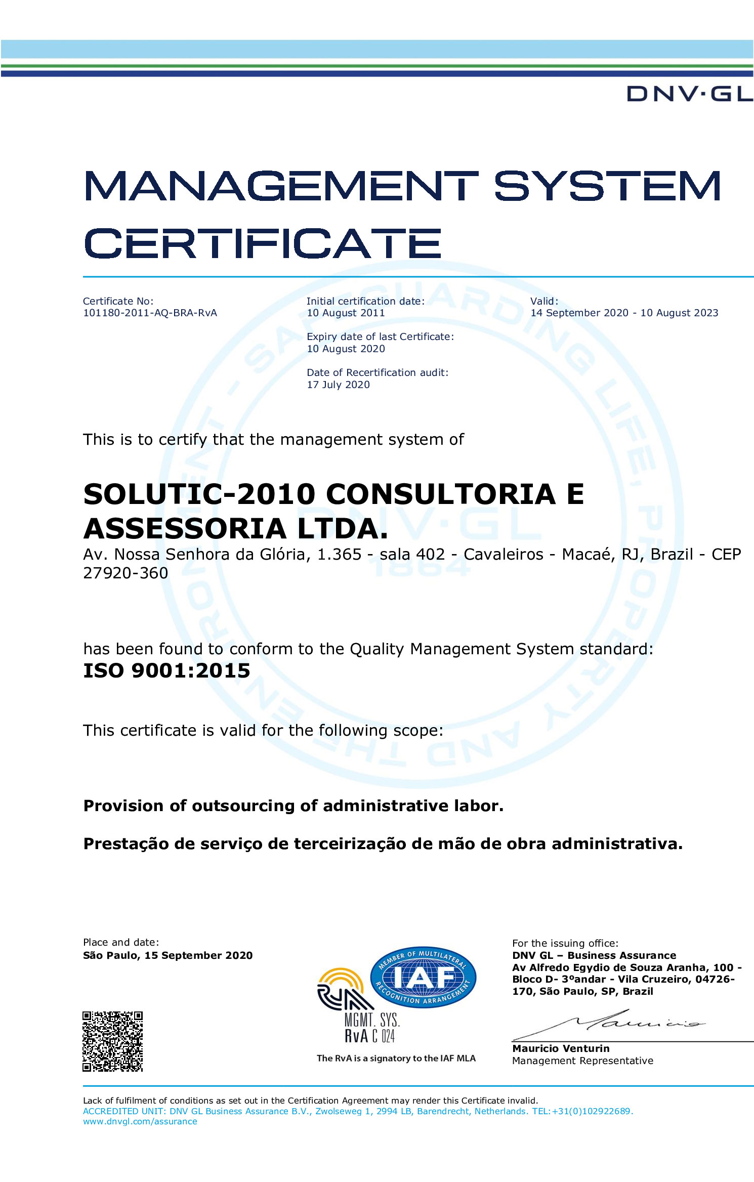 Certificado ISO 9001:2015